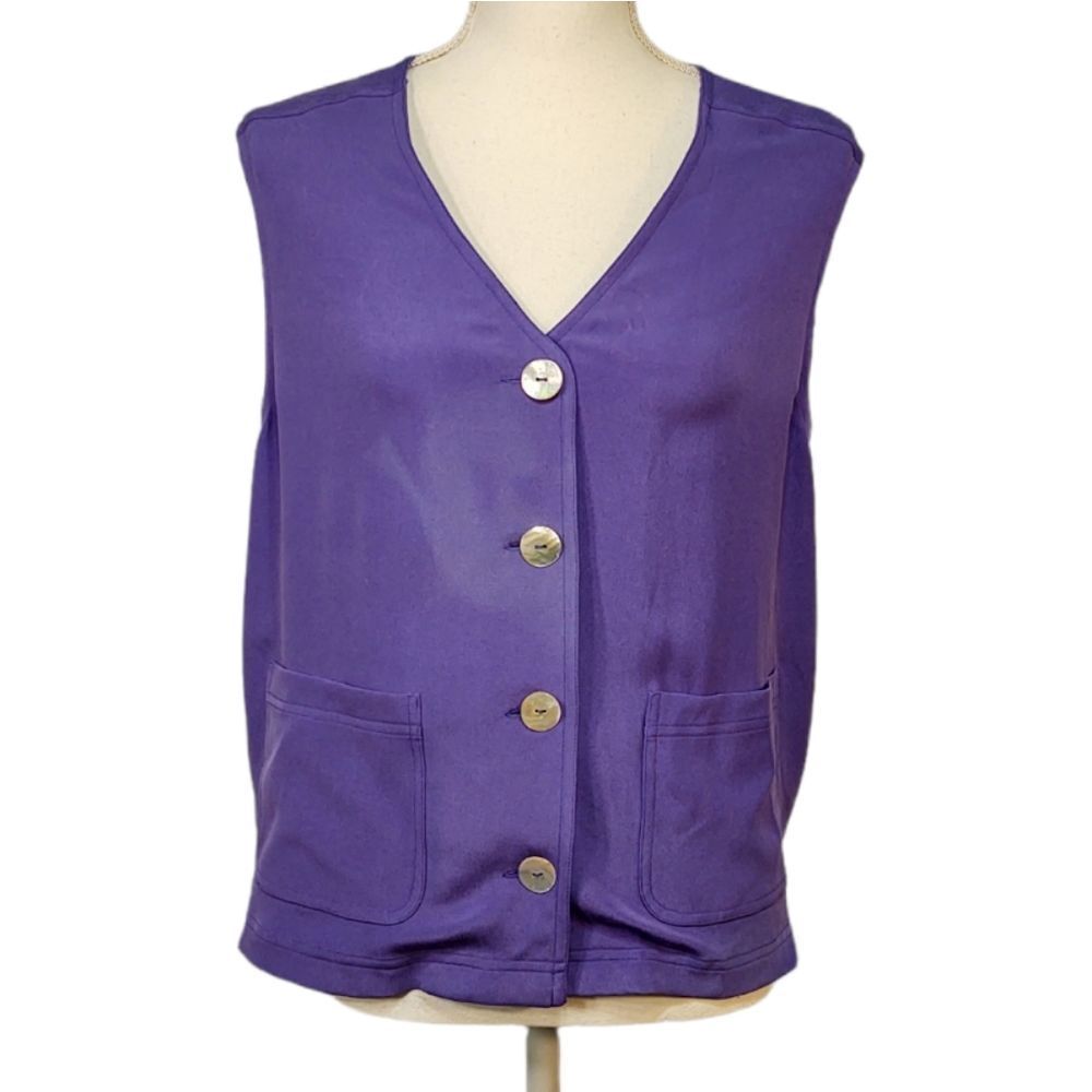 Carole Little Purple Silk Sleeveless V-Neck Button Front Blouse 14